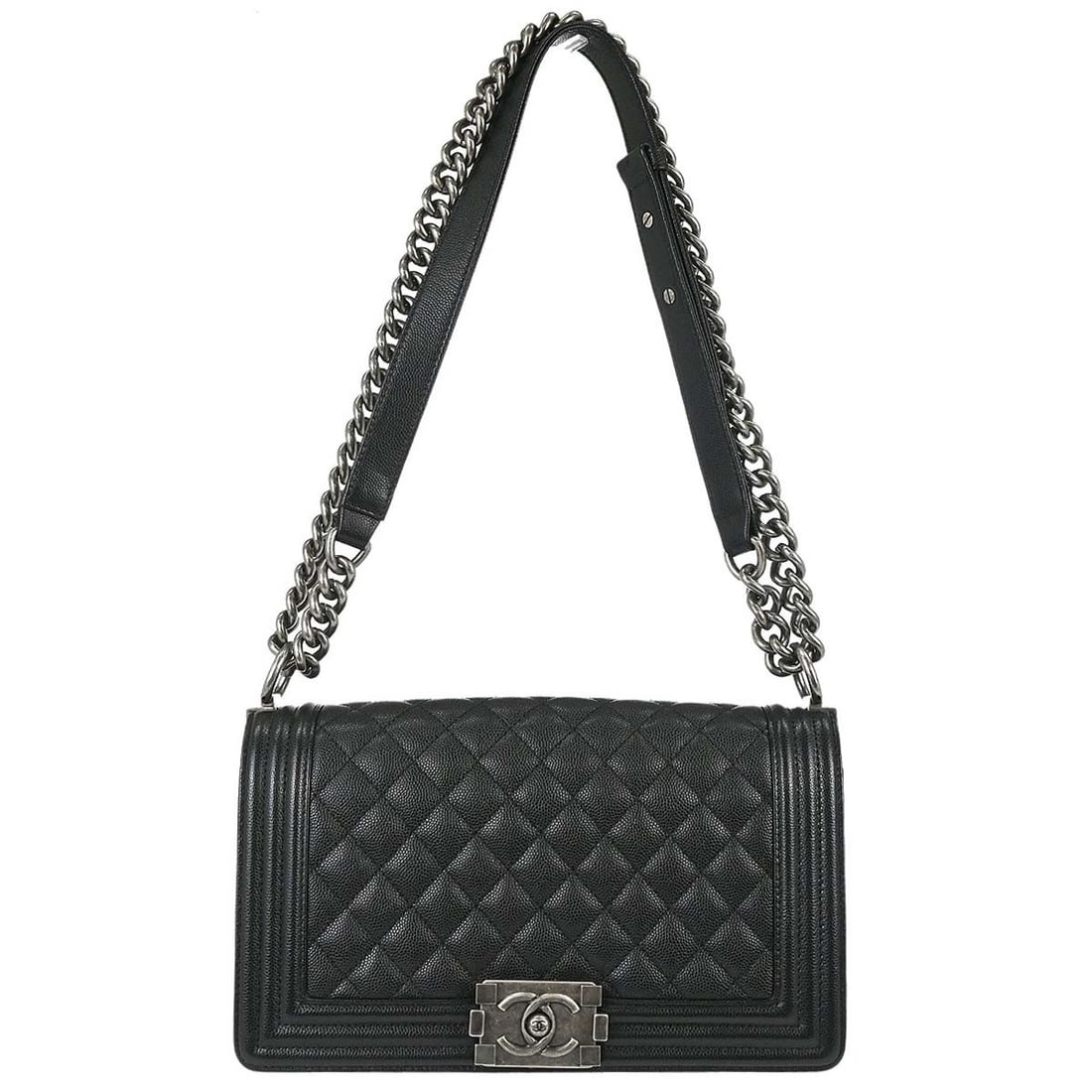CHANEL Boy Medium Shoulder Bag Black Caviar Leather Chain Strap: CHANEL Boy Medium Shoulder Bag Black Caviar Leather Chain Strap Medium Boy Chanel shoulder bag in black caviar skin leather with a push-lock closure, quilted accents, silver-color hardware, and a chai