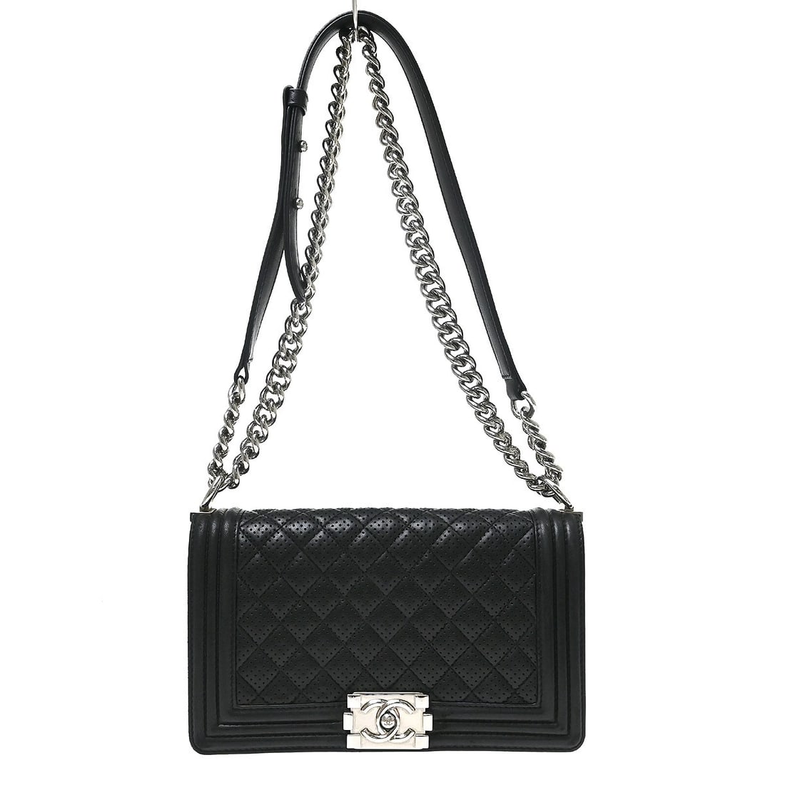 Chanel Boy Medium Lambskin Shoulder Bag in Black: Chanel Boy Medium Lambskin Shoulder Bag in Black A Chanel Boy medium shoulder bag in black lambskin, made in Italy. The bag is described as being in good overall condition with visible scratches and s
