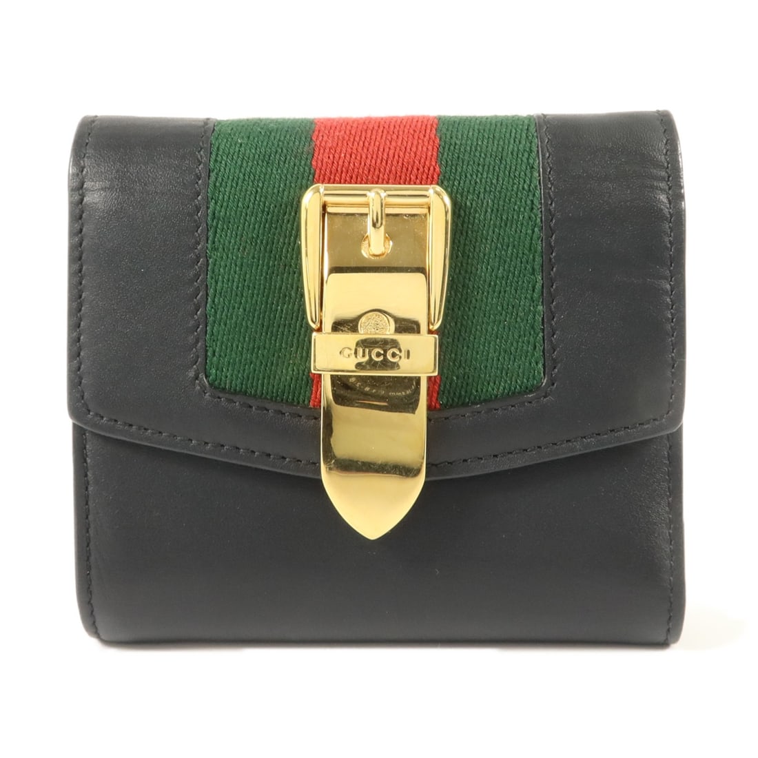 GUCCI 476081 black calfskin trifold wallet with GG and gold tone hardware: GUCCI 476081 black calfskin trifold wallet with GG and gold tone hardware A GUCCI GG trifold wallet in black calfskin leather, model 476081, with a hook button closure. It features three open compartm