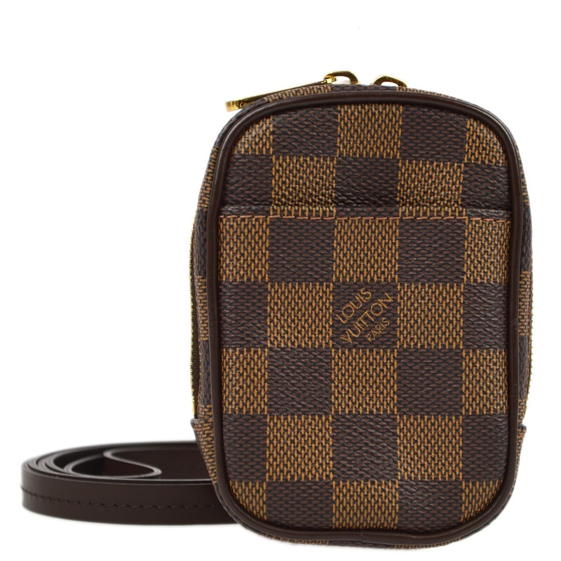 Louis Vuitton Etui Okapi PM Damier Mini Camera Case Bag: Louis Vuitton Etui Okapi PM Damier Mini Camera Case Bag Louis Vuitton Etui Okapi PM pochette shoulder bag in brown Damier canvas with leather trim. This mini bag features a zip closure, logo accents, 