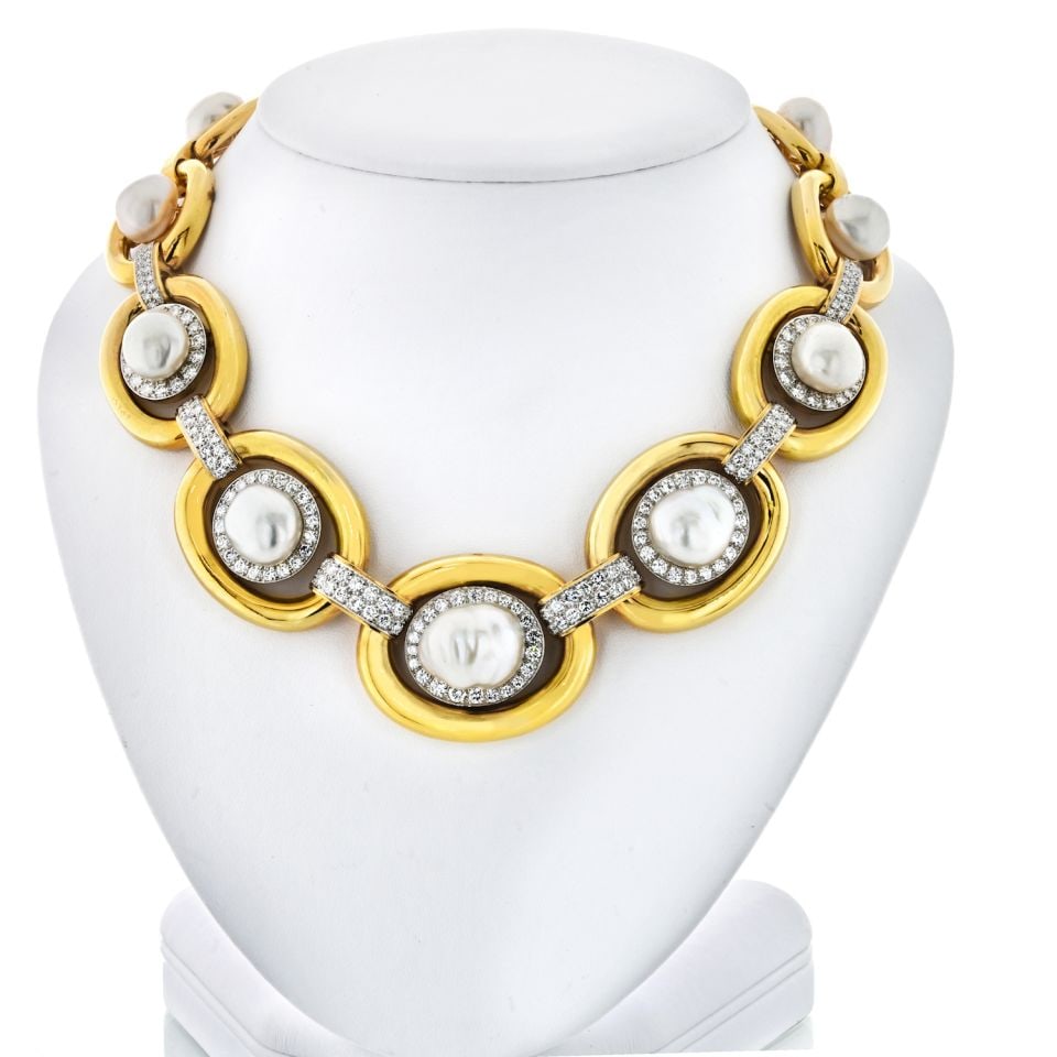 David Webb 18K Yellow Gold & Platinum Pearl Diamond Collar Necklace: David Webb 18K Yellow Gold & Platinum Pearl Diamond Collar Necklace This exquisite David Webb collar necklace is crafted from a luxurious combination of platinum and 18K yellow gold, weighing an impre