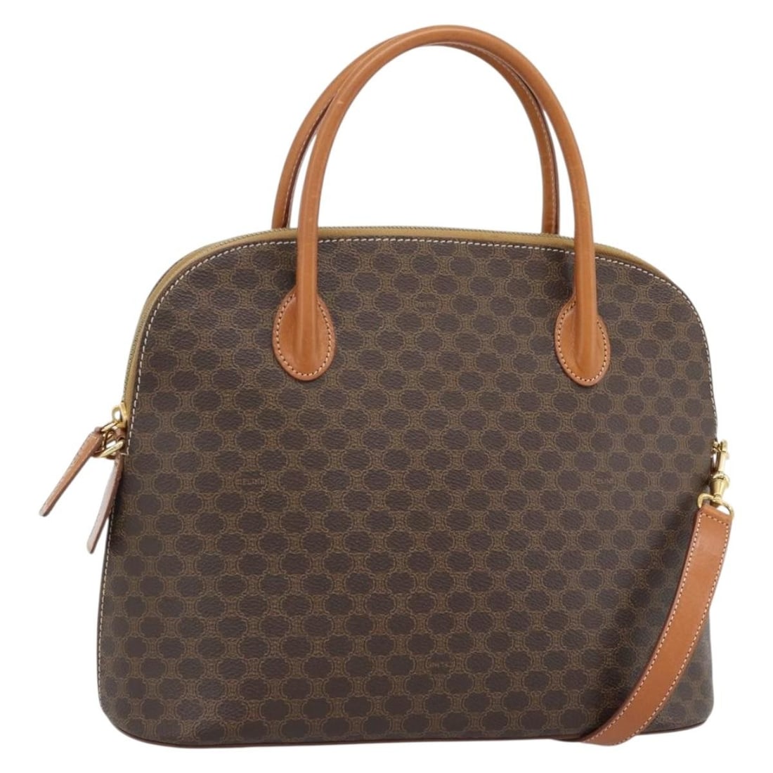 CELINE Macadam 2way Hand Bag Brown PVC Leather with Strap: CELINE Macadam 2way Hand Bag Brown PVC Leather with Strap Celine Macadam Canvas hand bag in brown and gold, made from PVC leather and Macadam canvas. This 2-way style comes with a shoulder strap and d