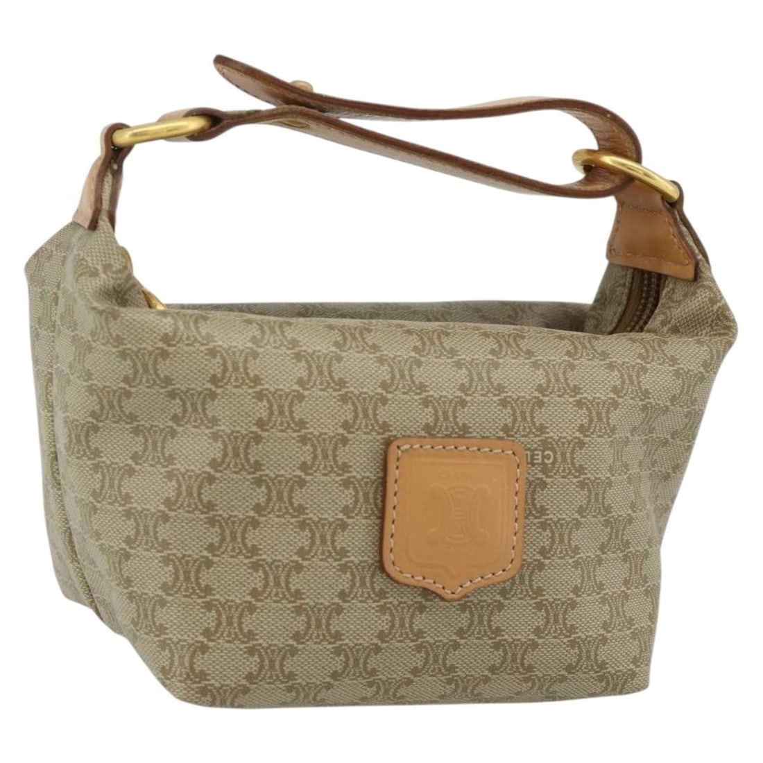 CELINE Macadam Canvas PVC Leather Pouch Beige Gold: CELINE Macadam Canvas PVC Leather Pouch Beige Gold CELINE pouch in PVC leather and Macadam canvas with a beige and gold colorway. Made in Italy, this compact women's pouch measures approximately 11 cm