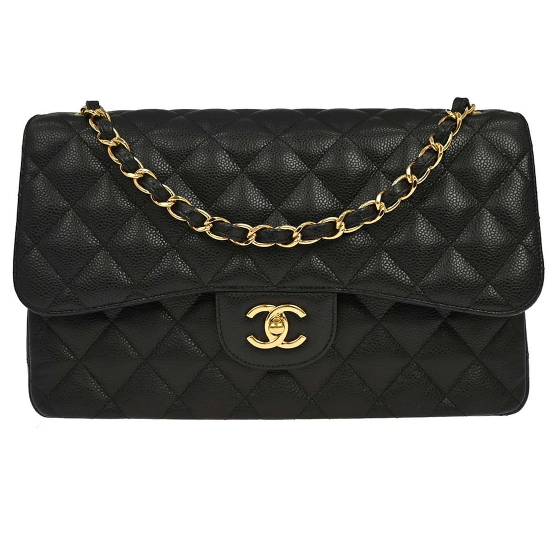 CHANEL Classic Double Flap Jumbo Shoulder Bag Black Caviar Leather: CHANEL Classic Double Flap Jumbo Shoulder Bag Black Caviar Leather Black Chanel Jumbo Classic Double Flap shoulder bag in caviar skin leather, made in Italy. It features a turn-lock closure, shoulder 