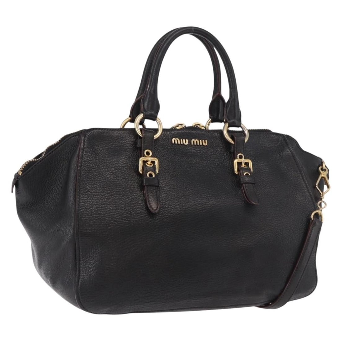 Miu Miu Black Leather 2way Handbag with Shoulder Strap Gold Tone: Miu Miu Black Leather 2way Handbag with Shoulder Strap Gold Tone A Miu Miu 2-way leather handbag in black and gold, made in Italy. It comes with a shoulder strap and features a handle drop of 14 cm an