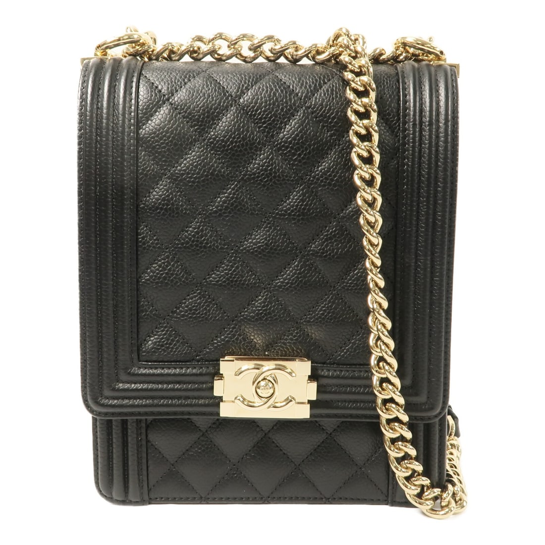 Chanel Boy North South 2 Way Shoulder Bag Black Calfskin CC GHW: Chanel Boy North South 2 Way Shoulder Bag Black Calfskin CC GHW A CHANEL Boy North South 2 Way Chain Shoulder Bag in black calfskin leather with gold-tone hardware. This regular-size women's shoulder 