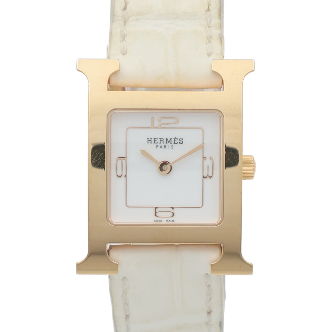 Hermes HH1.202C Heure H PM Ladies Quartz Watch Steel Leather White: Hermes HH1.202C Heure H PM Ladies Quartz Watch Steel Leather White Hermes Heure H PM HH1.202C quartz watch for ladies with a stainless steel case and leather belt. It features a white and gold color s