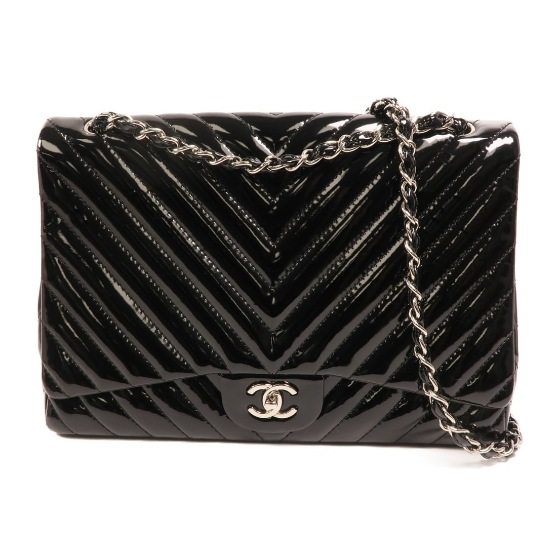 CHANEL Maxi Classic CC Chain Shoulder Bag Black Patent Leather SHW: CHANEL Maxi Classic CC Chain Shoulder Bag Black Patent Leather SHW CHANEL Maxi Classic Chain Shoulder Bag in black patent leather with a black frame color and silver-tone hardware. Designed as a women