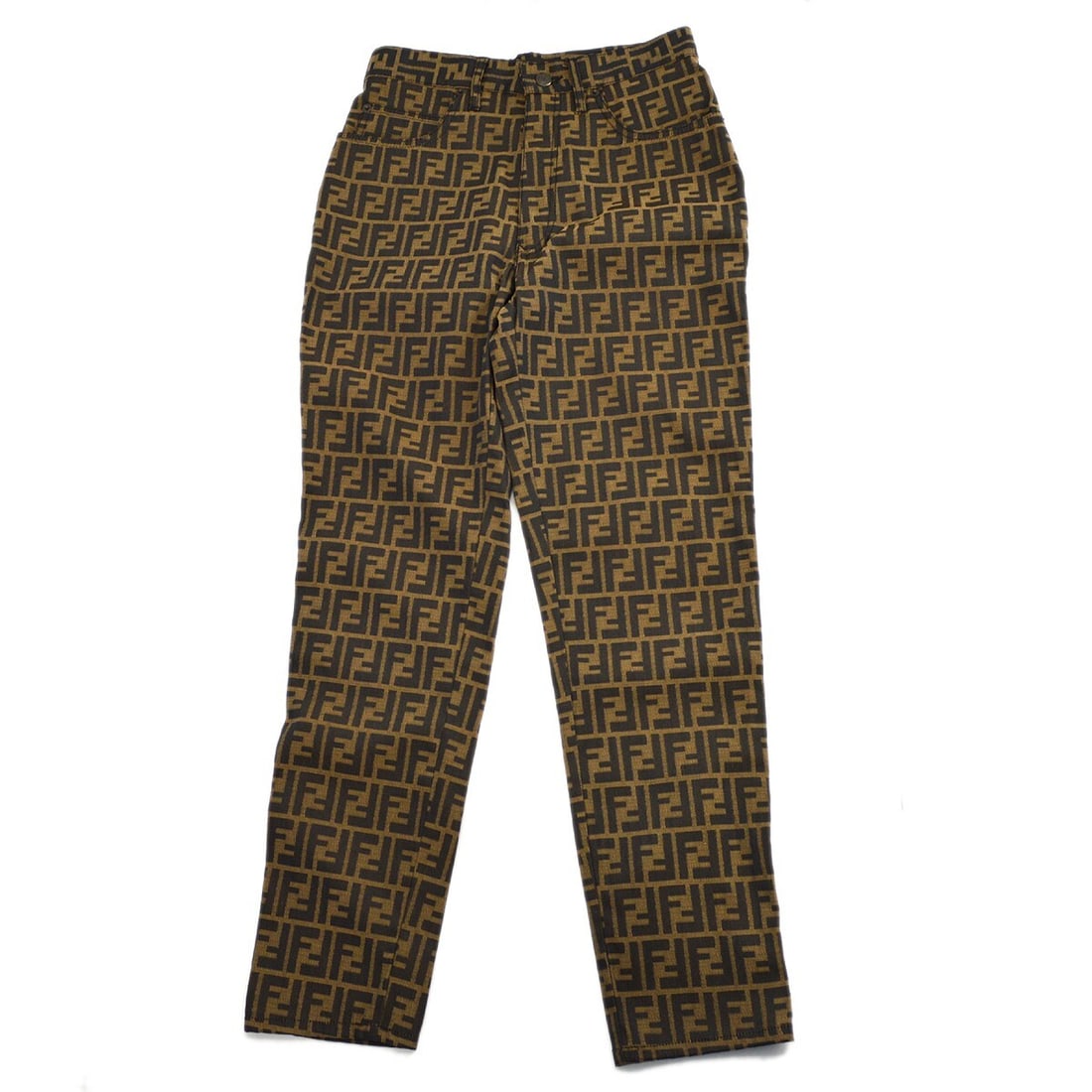 Fendi Zucca Women's Straight Leg Pants Brown Black Size I 44: Fendi Zucca Women's Straight Leg Pants Brown Black Size I 44 Women's Fendi casual pants in the Zucca pattern, made in Italy. This straight-leg style features a mid rise, zip closure, button accent, an