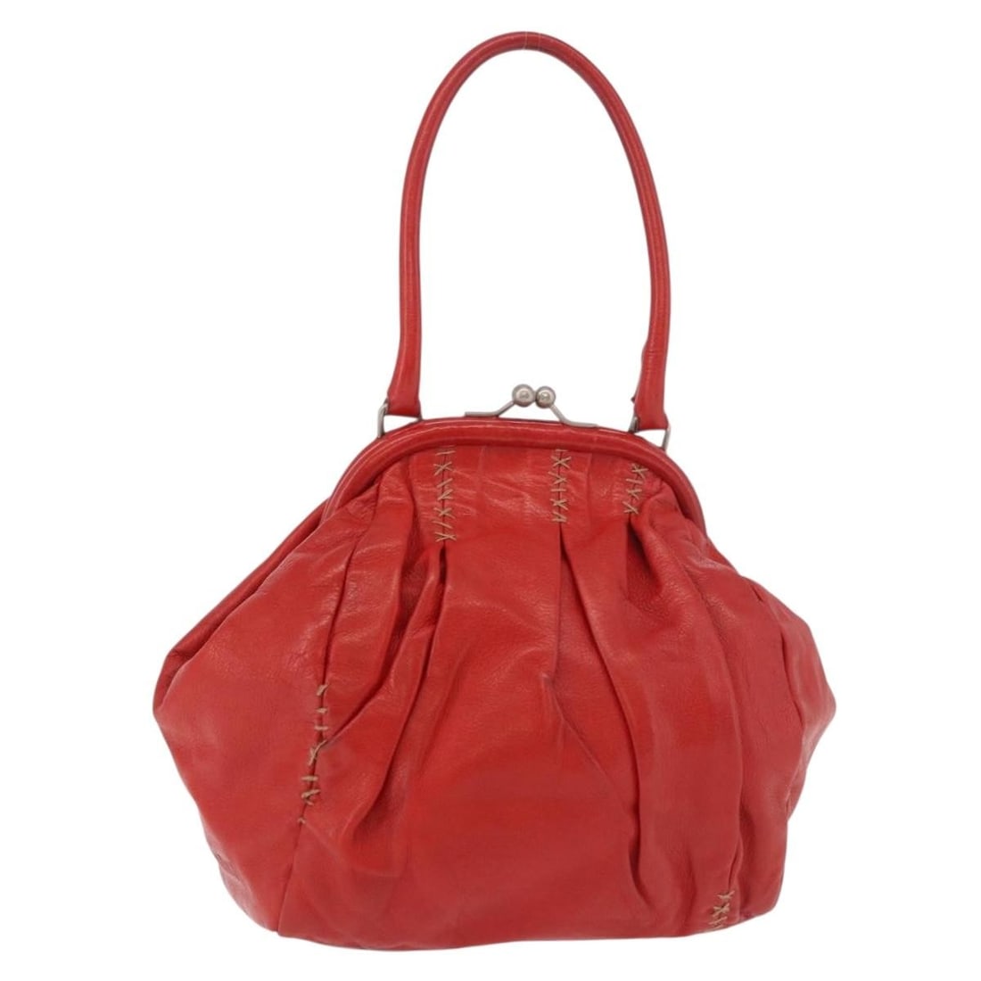 Miu Miu Red Leather Handbag Silver Tone Made in Italy: Miu Miu Red Leather Handbag Silver Tone Made in Italy A Miu Miu leather hand bag in red with silver-tone hardware, made in Italy. The bag measures approximately 19 cm W x 23 cm H x 10 cm D, with a han