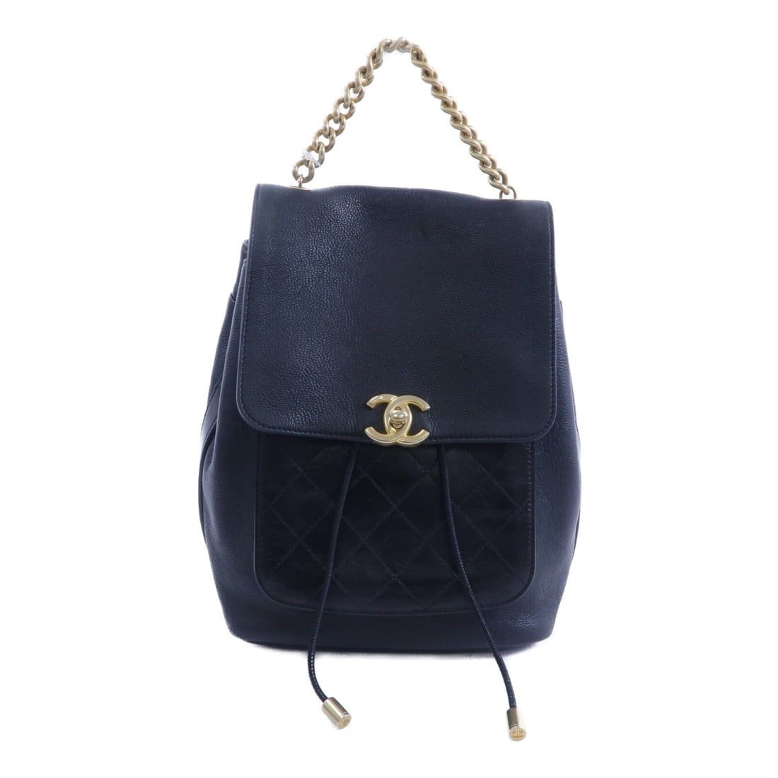 Black Calfskin Chain Backpack with CC Gold Tone Hardware CHANEL: Black Calfskin Chain Backpack with CC Gold Tone Hardware CHANEL Black CHANEL CC chain backpack in calfskin leather with gold-tone hardware. It features a turn lock closure, one outside open pocket, on