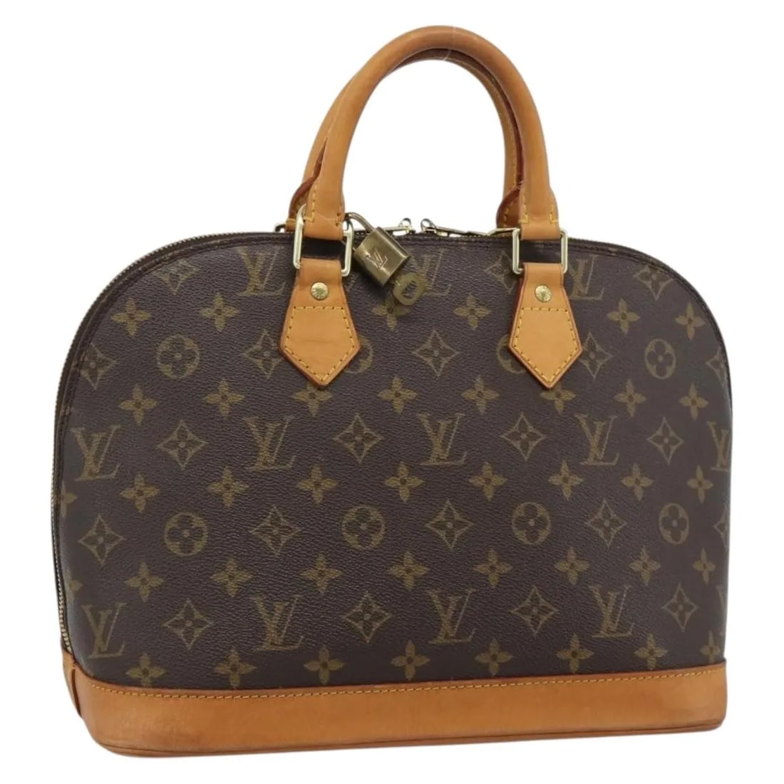 Louis Vuitton Alma Handbag in Brown Monogram Canvas: Louis Vuitton Alma Handbag in Brown Monogram Canvas Louis Vuitton Alma handbag in brown monogram canvas. This structured handbag is made in France and is presented in good condition with visible wear.