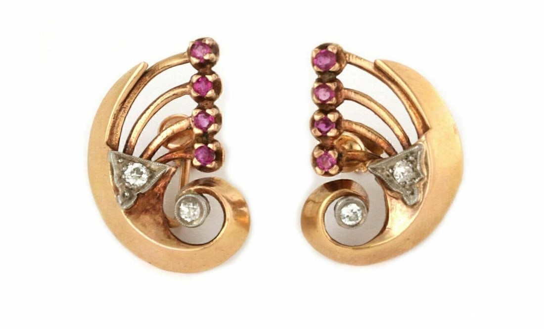 14k Rose and White Gold Retro Ruby Diamond Screw Back Earrings (1 of 6)