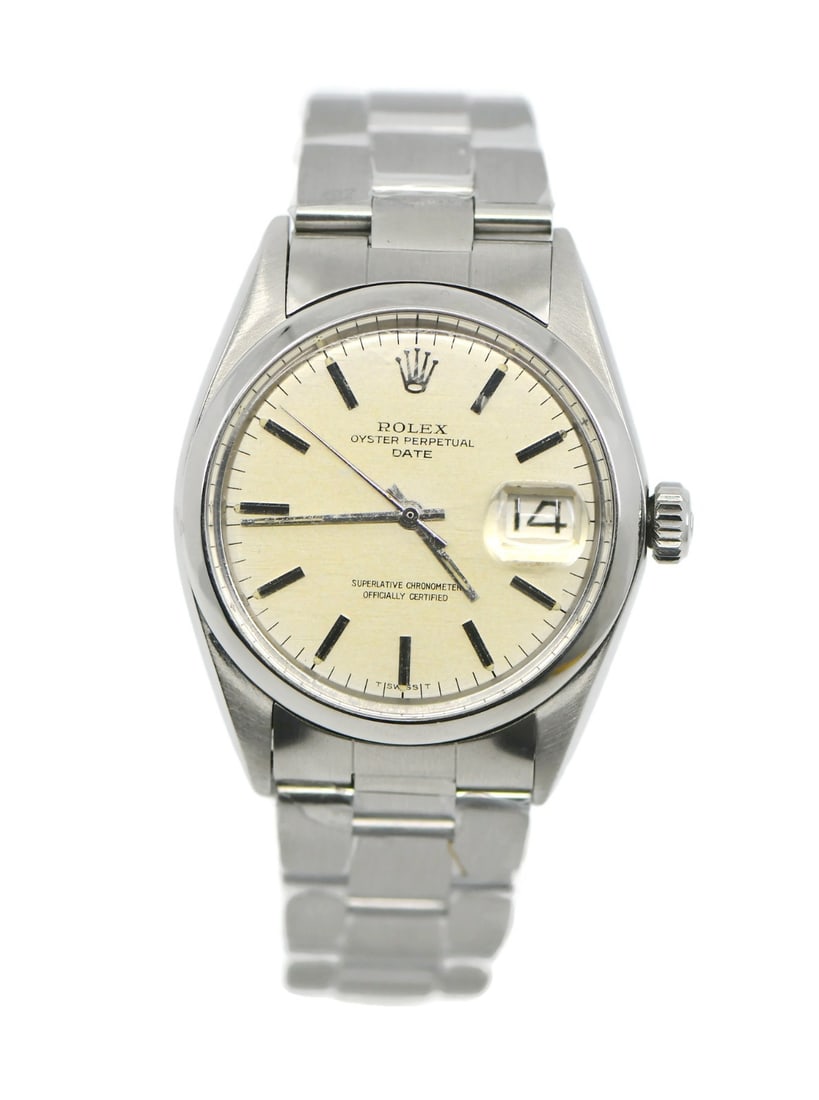 Rolex Oyster Perpetual Date 1500 Stainless Steel Automatic Wristwatch: Rolex Oyster Perpetual Date 1500 Stainless Steel Automatic Wristwatch This Rolex Oyster Perpetual Date wristwatch, reference 1500, features a classic 34 mm polished stainless steel case with a smooth 