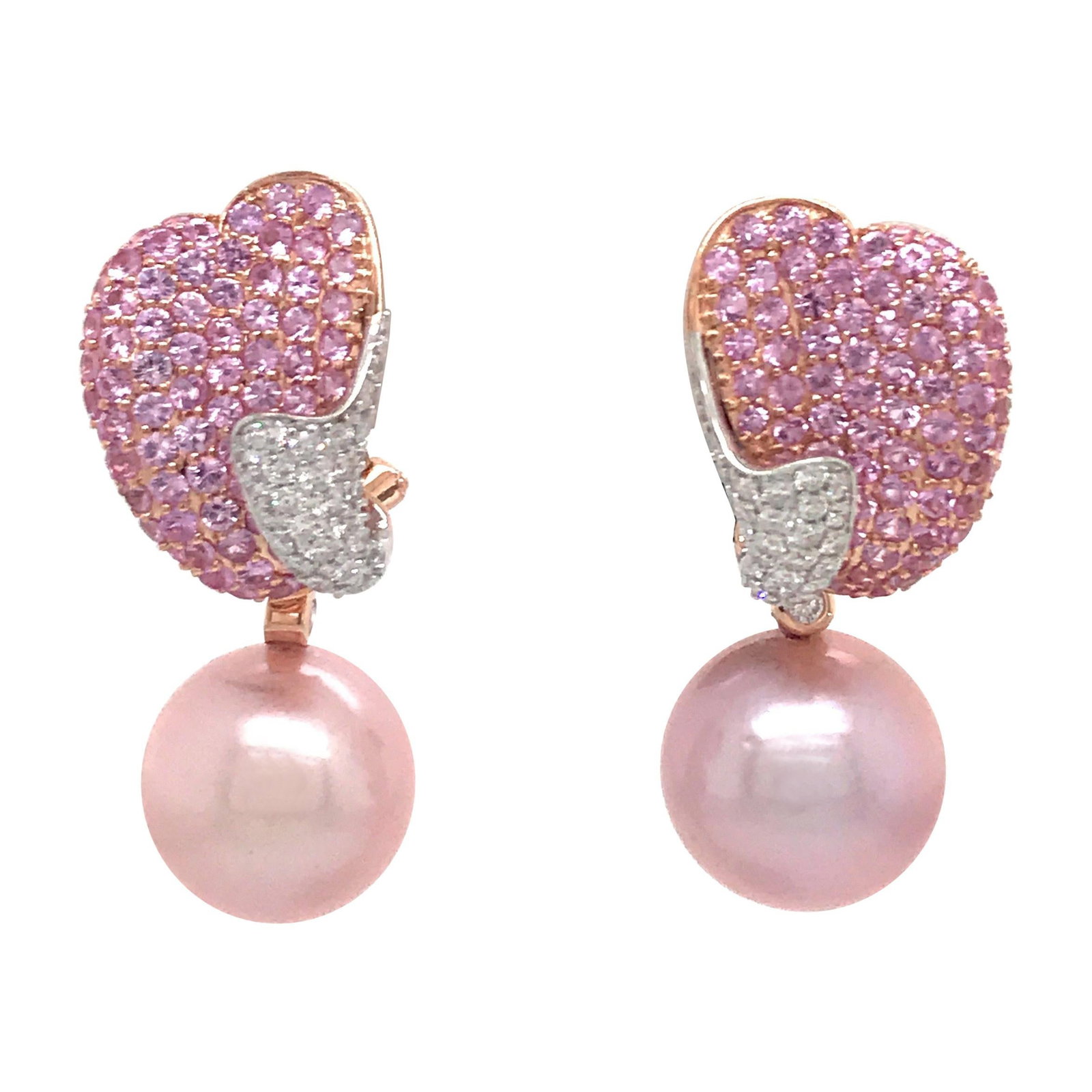 Harbor Diamonds 18K Rose Gold Pink Pearl Sapphire Diamond Earrings: Harbor Diamonds 18K Rose Gold Pink Pearl Sapphire Diamond Earrings Elevate your style with these stunning Contemporary earrings crafted in 18K Rose Gold. Each earring features a captivating Pink Fresh