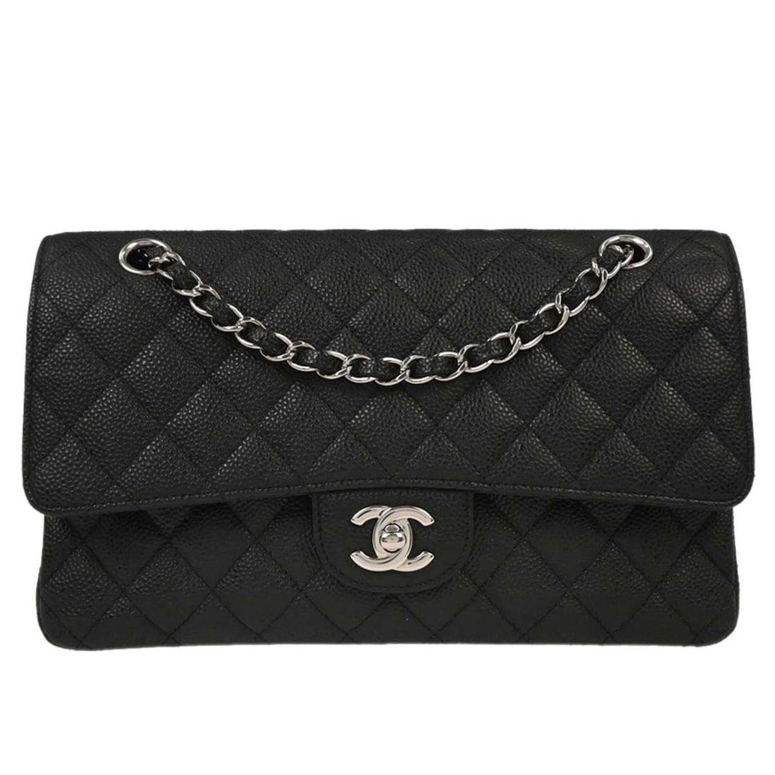 CHANEL Classic Double Flap Medium Shoulder Bag Black Caviar Leather: CHANEL Classic Double Flap Medium Shoulder Bag Black Caviar Leather Medium Chanel Classic Double Flap shoulder bag in black caviar skin leather with a matelasse pattern and turnlock closure. Designed 