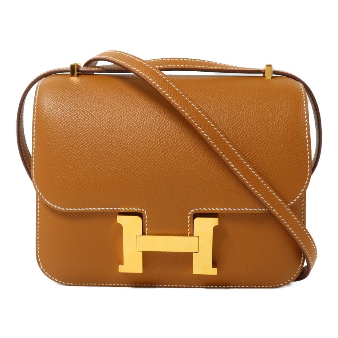 Hermes Constance Mini Epsom Calfskin Shoulder Bag Gold Brown: Hermes Constance Mini Epsom Calfskin Shoulder Bag Gold Brown Hermes Constance Mini shoulder bag in Epsom leather and calfskin (cowhide), presented in Gold x Brown x Gold colorway. The bag features a f