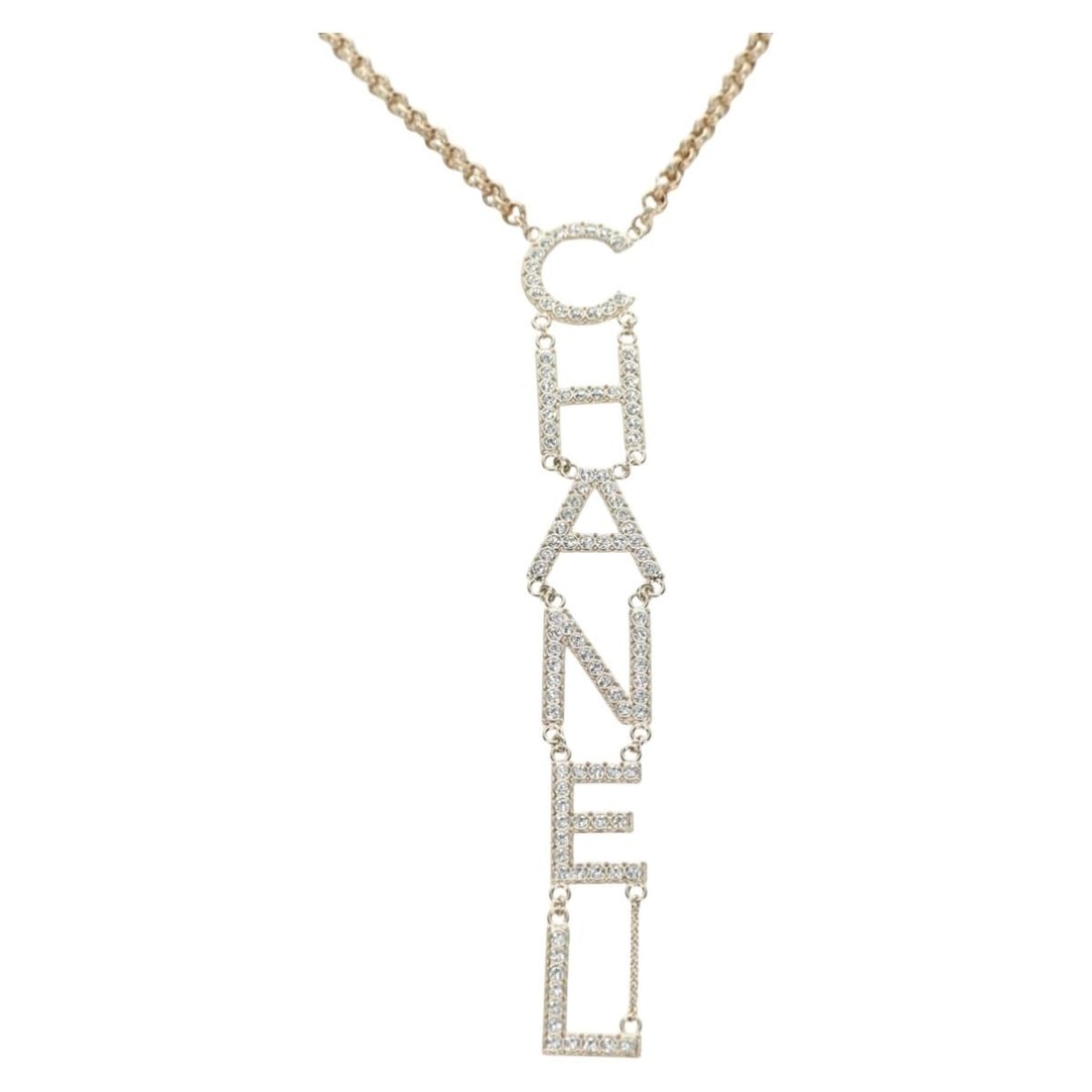 CHANEL CC Logo Necklace Champagne Gold Metal 55cm with Box: CHANEL CC Logo Necklace Champagne Gold Metal 55cm with Box A CHANEL logo necklace in champagne gold metal, presented in excellent condition. It comes with the item box and was made in Italy. The total