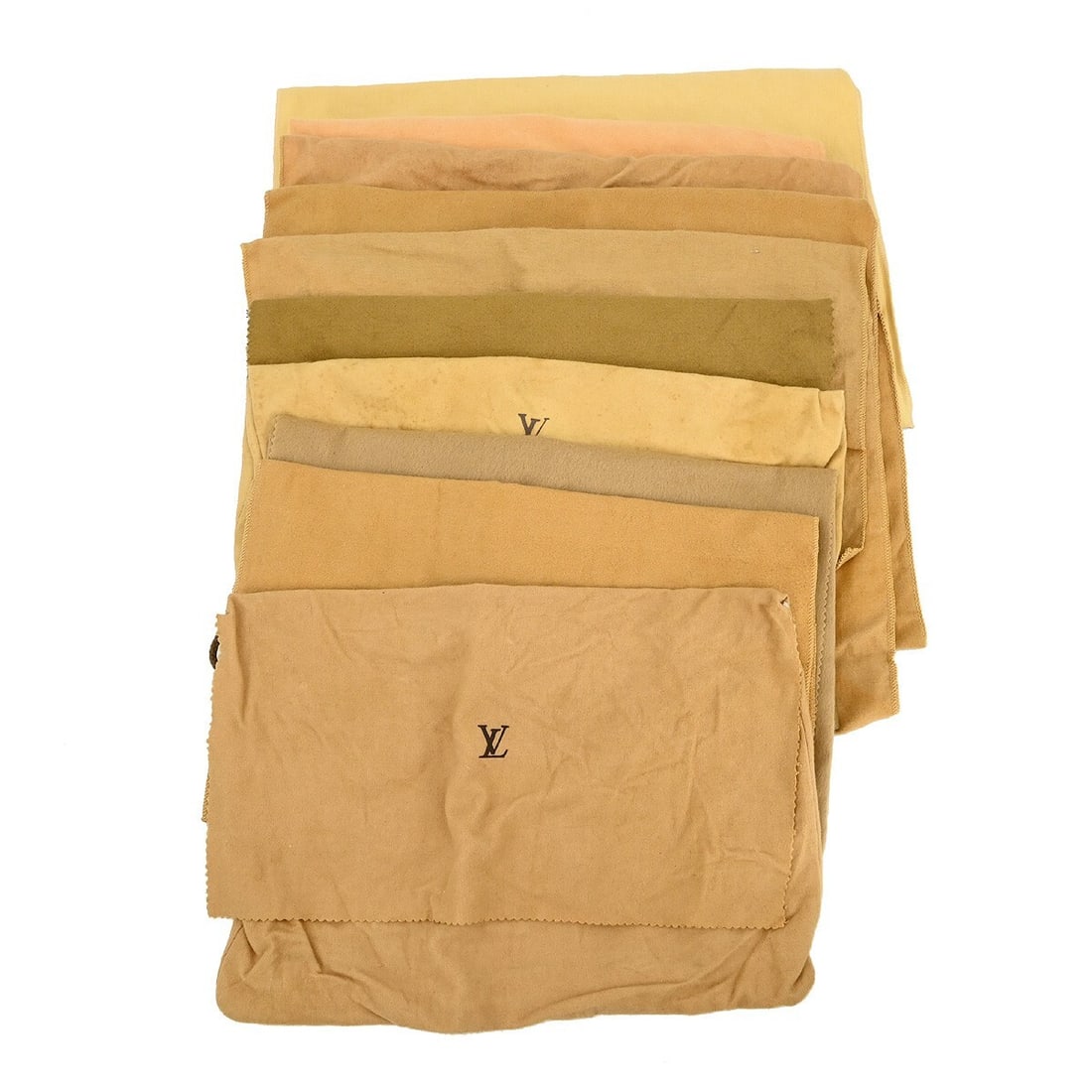 Set of 10 Louis Vuitton Cotton Dust Bags Brown Beige Authentic: Set of 10 Louis Vuitton Cotton Dust Bags Brown Beige Authentic Set of 10 authentic Louis Vuitton dust bags in brown and beige cotton. These unisex dustbags show overall signs of use with reasonable we