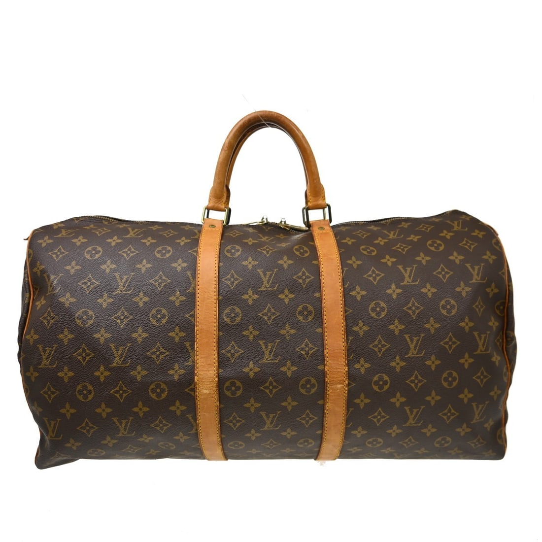 Louis Vuitton Keepall 55 Monogram Duffle Bag M41424 MI0970: Louis Vuitton Keepall 55 Monogram Duffle Bag M41424 MI0970 Vintage Louis Vuitton Keepall 55 travel handbag in the Monogram line, styled as an extra large duffle with double leather handles and zip clo