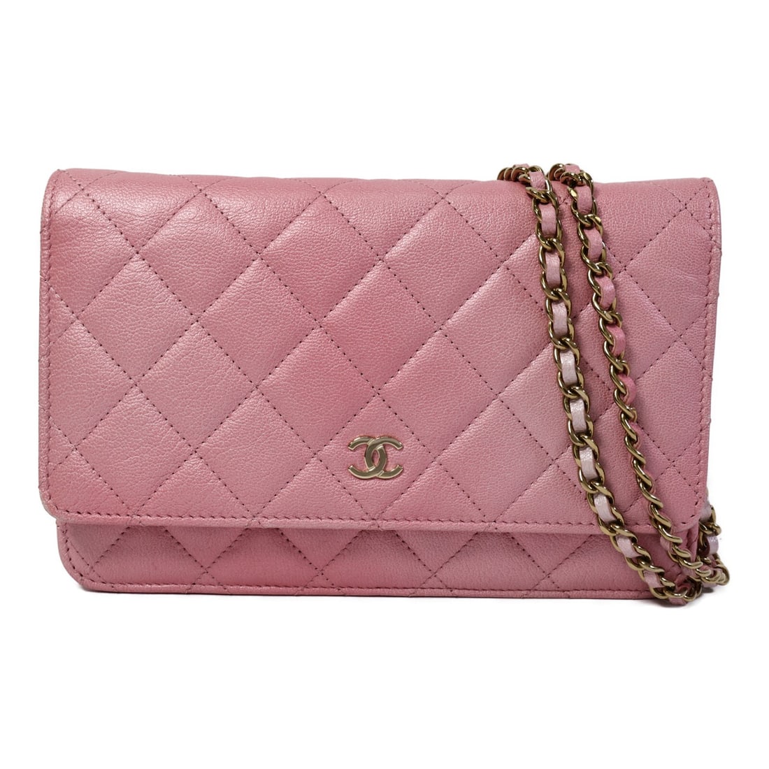 Chanel WOC Shoulder Bag Pink Calfskin with CC and GHW: Chanel WOC Shoulder Bag Pink Calfskin with CC and GHW CHANEL Wallet On Chain shoulder bag in pink calfskin (cowhide) leather with gold-tone CC hardware. It features a compact WOC design with multiple 