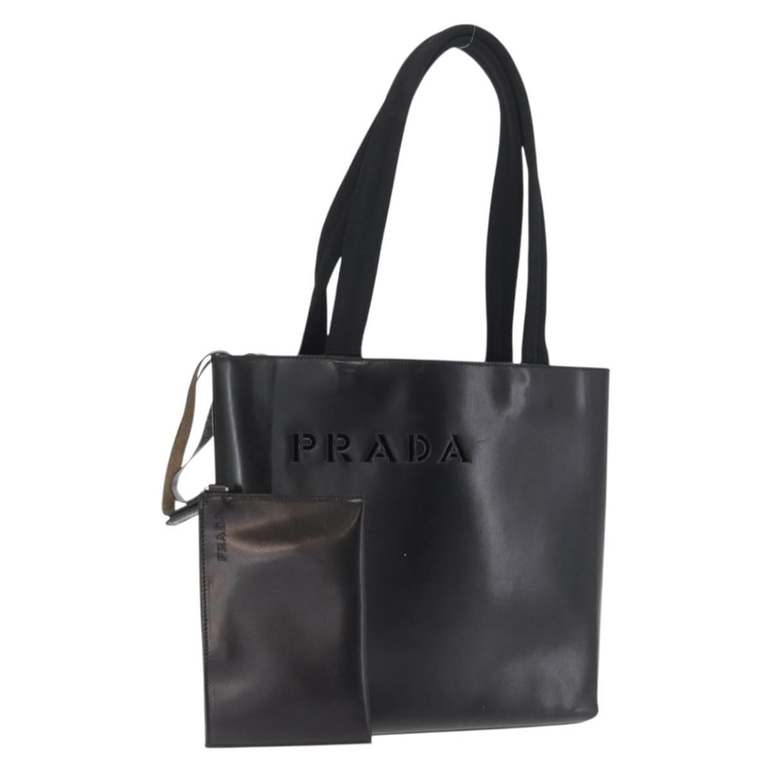Black Leather Prada Handbag with Pouch Made in Italy: Black Leather Prada Handbag with Pouch Made in Italy This Prada handbag is crafted from black leather and features a pouch accessory. It is made in Italy and exhibits reasonable wear with slight rubbi