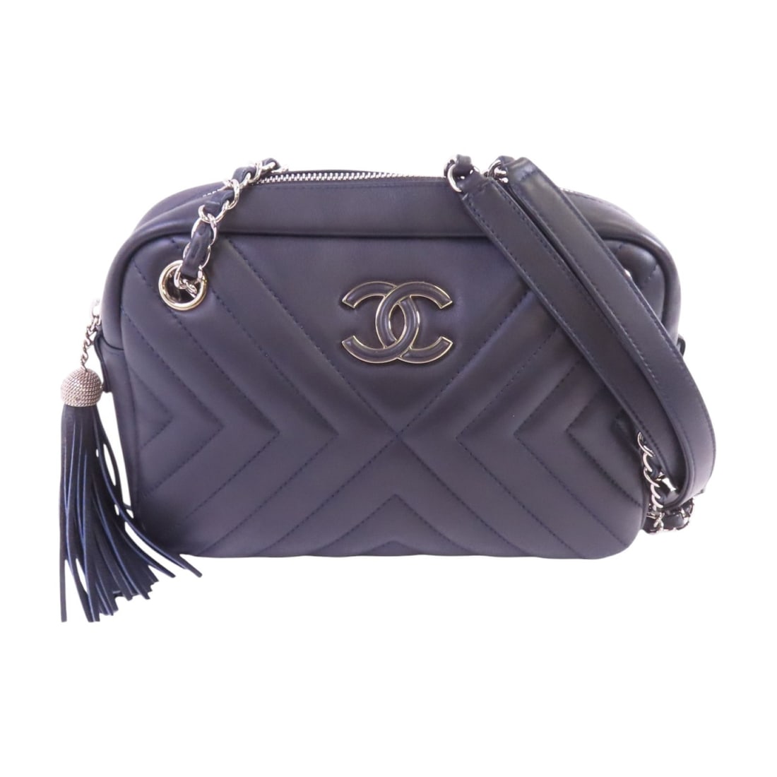 CHANEL Chevron Camera Shoulder Bag Navy Calfskin CC Chain SHW: CHANEL Chevron Camera Shoulder Bag Navy Calfskin CC Chain SHW A CHANEL Chevron Camera Chain Shoulder Bag in dark navy calfskin leather with SHW hardware. It features a shoulder bag style, navy frame c