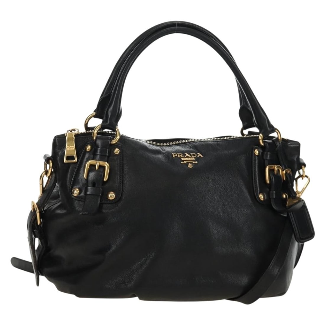 PRADA Leather 2way Handbag Black with Strap and Dust Bag: PRADA Leather 2way Handbag Black with Strap and Dust Bag Prada 2-way handbag crafted in leather with a black exterior and gold-tone accents. Made in Italy, this women's bag includes a dust bag, name t