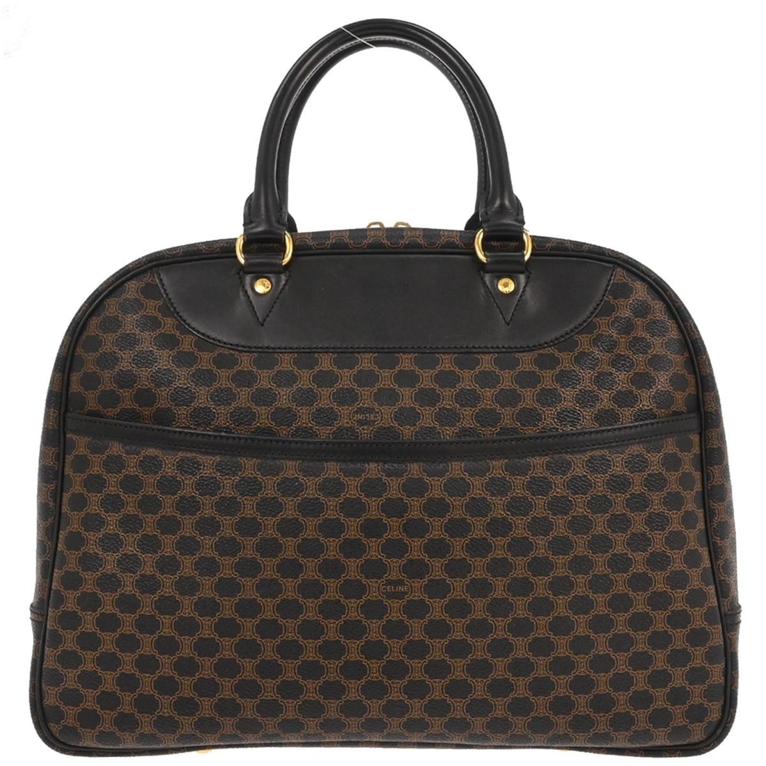 CELINE Macadam Top Handle Bag Black Leather Italy: CELINE Macadam Top Handle Bag Black Leather Italy Celine Macadam top handle handbag in black with double handles and logo accents. Made in Italy, this medium bag features a Macadam pattern with one ex