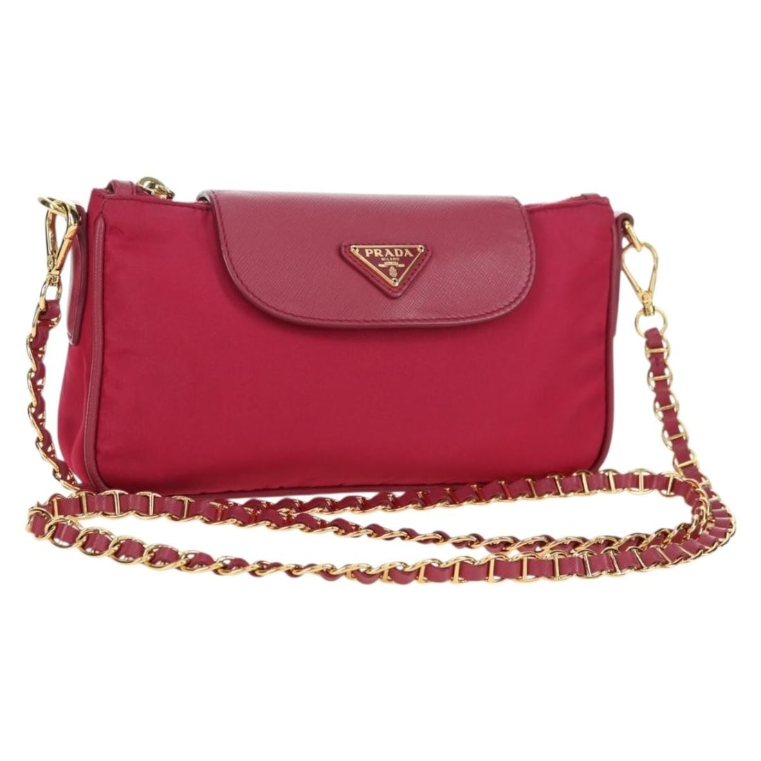 Prada Nylon Shoulder Bag Pink with Gold Tone Chain Dust Bag: Prada Nylon Shoulder Bag Pink with Gold Tone Chain Dust Bag A Prada chain shoulder bag in pink and gold nylon, presented in very good AB condition. It includes a dust bag and shows slight loss of shap