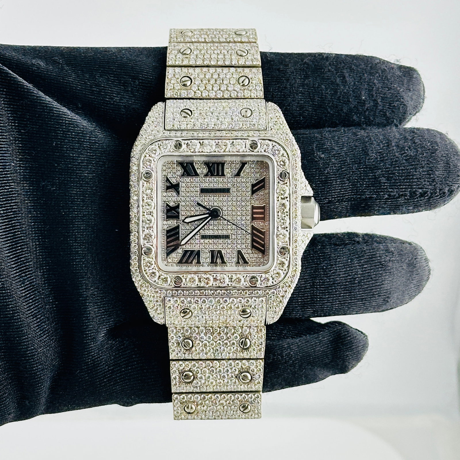 Cartier Santos 100 XL Reference 2656 Diamond Roman Dial Aftermarket Iced Out With Papers: Cartier Santos 100 XL Reference 2656 Diamond Roman Dial Aftermarket Iced Out With Papers This Cartier Santos 100 XL watch features an iced-out Roman numeral dial and a diamond bezel. The Aftermarket i