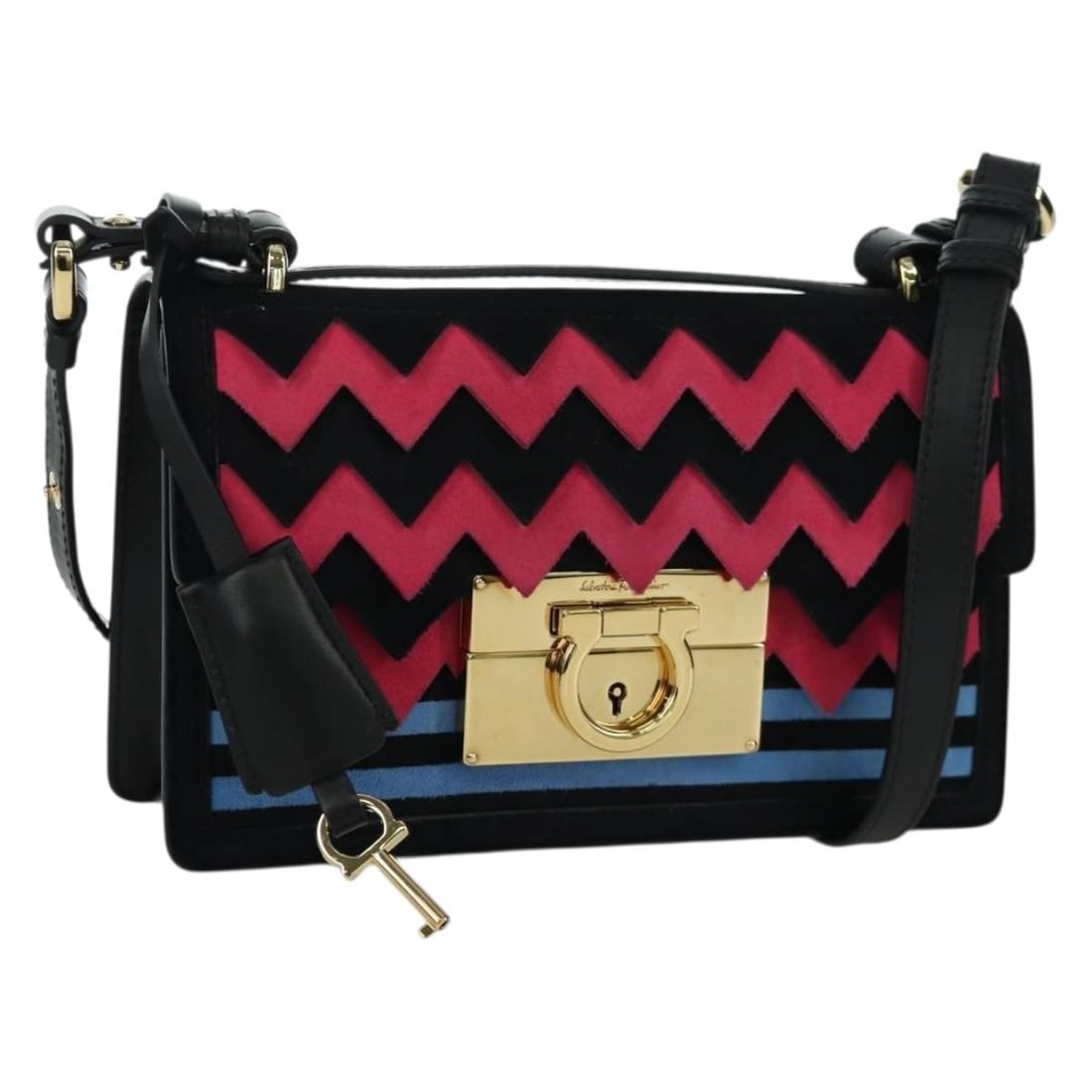 Salvatore Ferragamo Gancini Black and Pink Leather Shoulder Bag with Dust Bag: Salvatore Ferragamo Gancini Black and Pink Leather Shoulder Bag with Dust Bag This Salvatore Ferragamo Gancini shoulder bag features a black, pink, and gold color scheme with a leather exterior. Desig