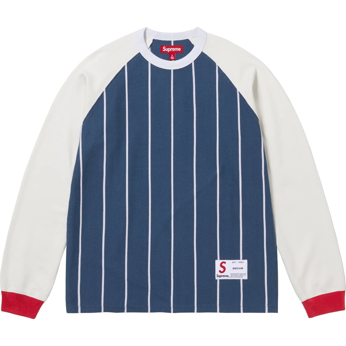 Supreme Navy Striped Raglan Long Sleeve Shirt Large: Supreme Navy Striped Raglan Long Sleeve Shirt Large This Supreme Striped Raglan Navy long sleeve shirt is an authentic piece, offered in brand new, unworn condition. It features a classic striped desi