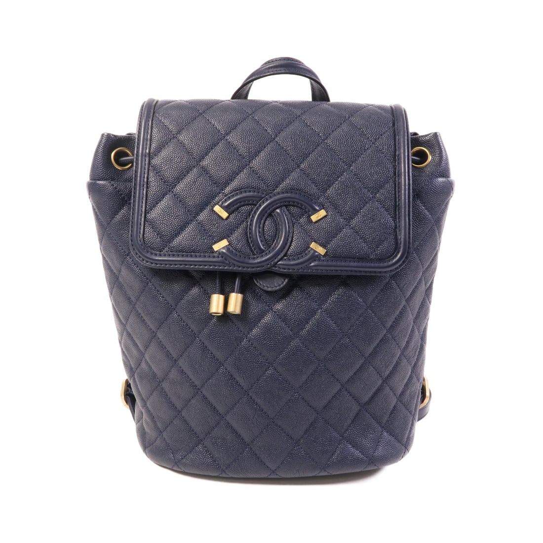 CHANEL Filigree Chain CC Rucksack Backpack Blue Calfskin Leather: CHANEL Filigree Chain CC Rucksack Backpack Blue Calfskin Leather CHANEL rucksack backpack in blue calfskin (cowhide) leather with gold-tone hardware and a filigree chain design. It features a flap clo