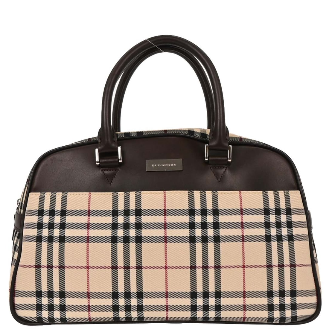 Burberry Burberry Check Beige Canvas Leather Top Handle Bag: Burberry Burberry Check Beige Canvas Leather Top Handle Bag Burberry Check handbag in beige with brown handles and silver-tone hardware. This medium top handle bag is made from canvas and leather with
