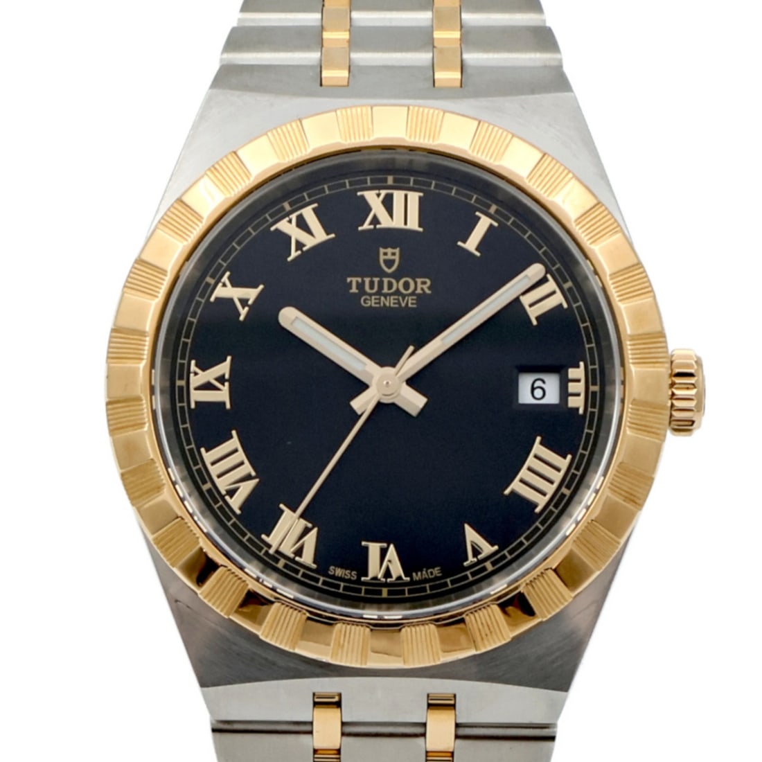 TUDOR 28503 Royal Mens Automatic Watch Black Dial 18K Gold Steel: TUDOR 28503 Royal Mens Automatic Watch Black Dial 18K Gold Steel TUDOR Royal Automatic Watch model 28503 features a black dial with a case made from 18K yellow gold and stainless steel. It is an autom