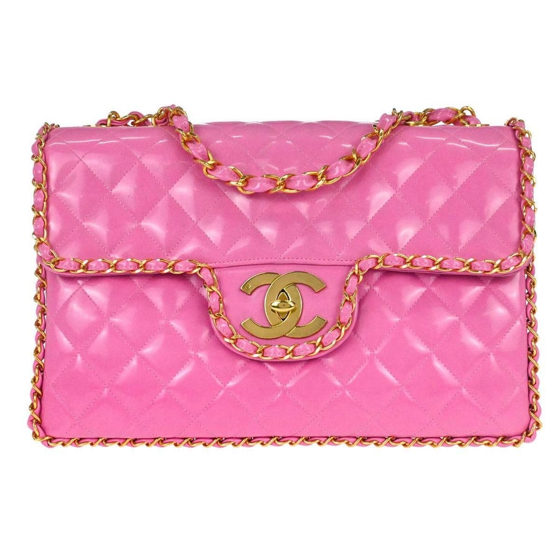 CHANEL Classic Flap Maxi Shoulder Bag Pink Patent Leather: CHANEL Classic Flap Maxi Shoulder Bag Pink Patent Leather This Chanel Classic Flap Maxi chain shoulder bag is crafted in pink patent leather with a quilted matelasse pattern and leather lining. It fea