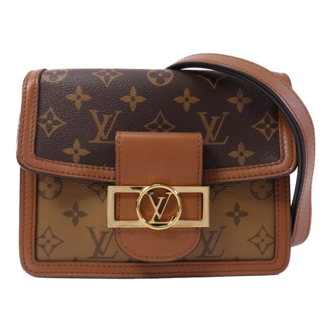 Louis Vuitton Mini Dauphine M45959 Shoulder Bag Monogram Reverse Brown: Louis Vuitton Mini Dauphine M45959 Shoulder Bag Monogram Reverse Brown Mini Dauphine shoulder bag in brown Monogram Reverse x PVC coated canvas. It features a flap closure and comes with a shoulder st