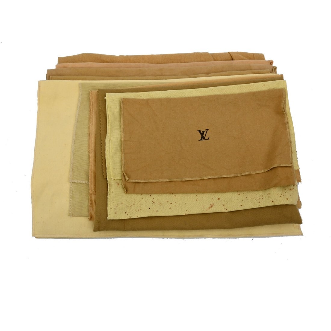 Set of 10 Louis Vuitton Cotton Dustbags Brown Beige Authentic: Set of 10 Louis Vuitton Cotton Dustbags Brown Beige Authentic Louis Vuitton dust bags in a 10-piece set, made from 100% cotton in brown and beige. The set shows signs of use overall and includes vario