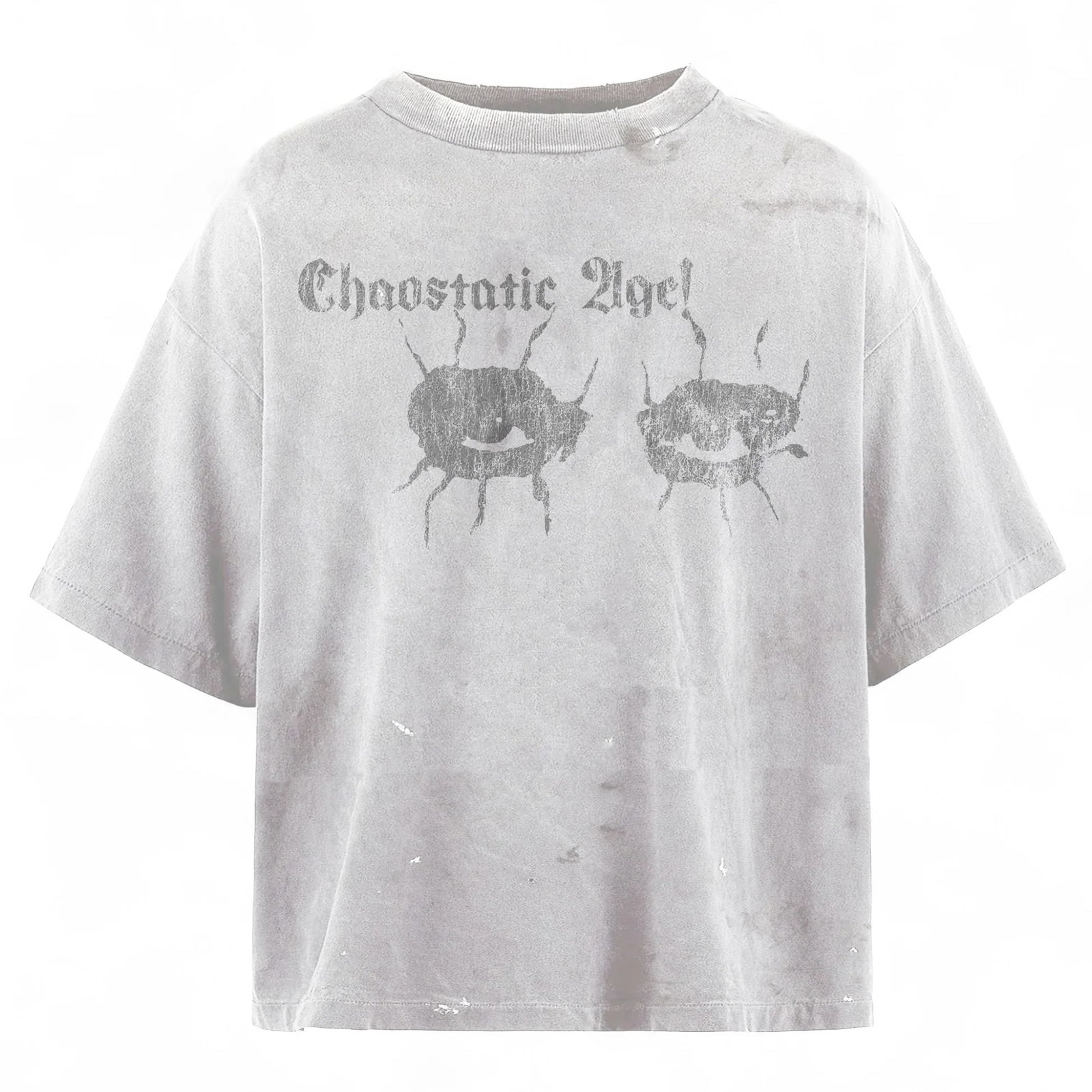 Chaostatic Age Distressed White Cotton T Shirt by Lost Shdws Size Small: Chaostatic Age Distressed White Cotton T Shirt by Lost Shdws Size Small This Lost Shdws 'Chaostatic Age!' Distressed White Tee is crafted from premium cotton and features a unique, artfully distressed