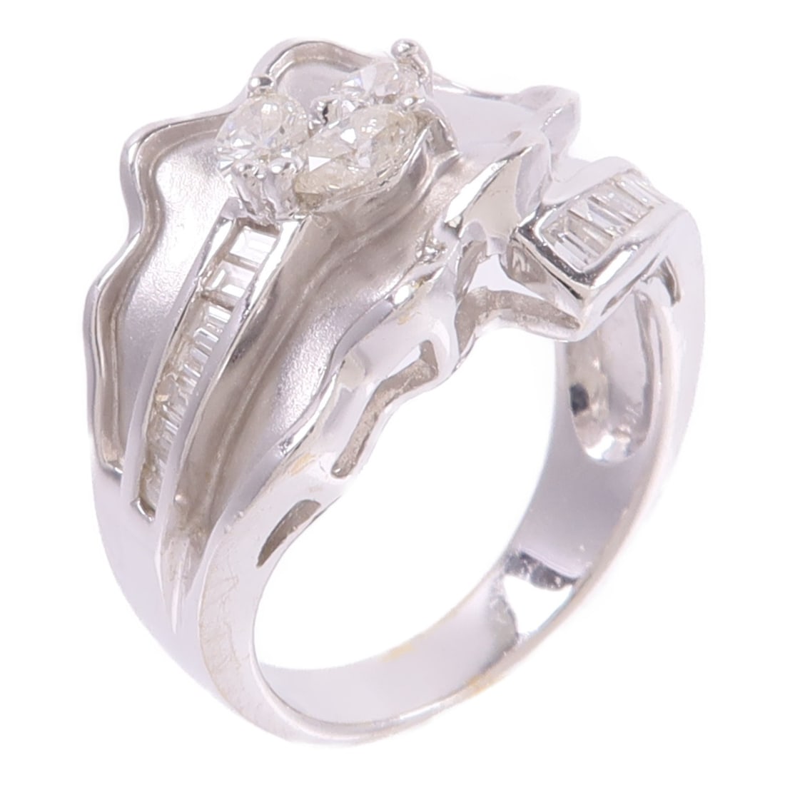18K White Gold Diamond Ring US Size 5.5: 18K White Gold Diamond Ring US Size 5.5 Diamond ring in 18K white gold with diamond accents. The ring is US size 5.5 and has a ring width of 3-5 mm (1.2"). It is described as being in very good condit