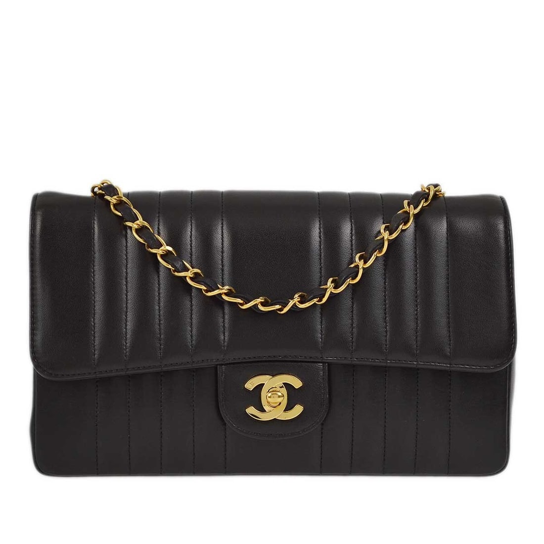 CHANEL Diana Mademoiselle quilted black lambskin shoulder bag: CHANEL Diana Mademoiselle quilted black lambskin shoulder bag Chanel Mademoiselle Single Flap shoulder bag in black quilted lambskin leather. This medium women's bag features a flap turnlock closure, 