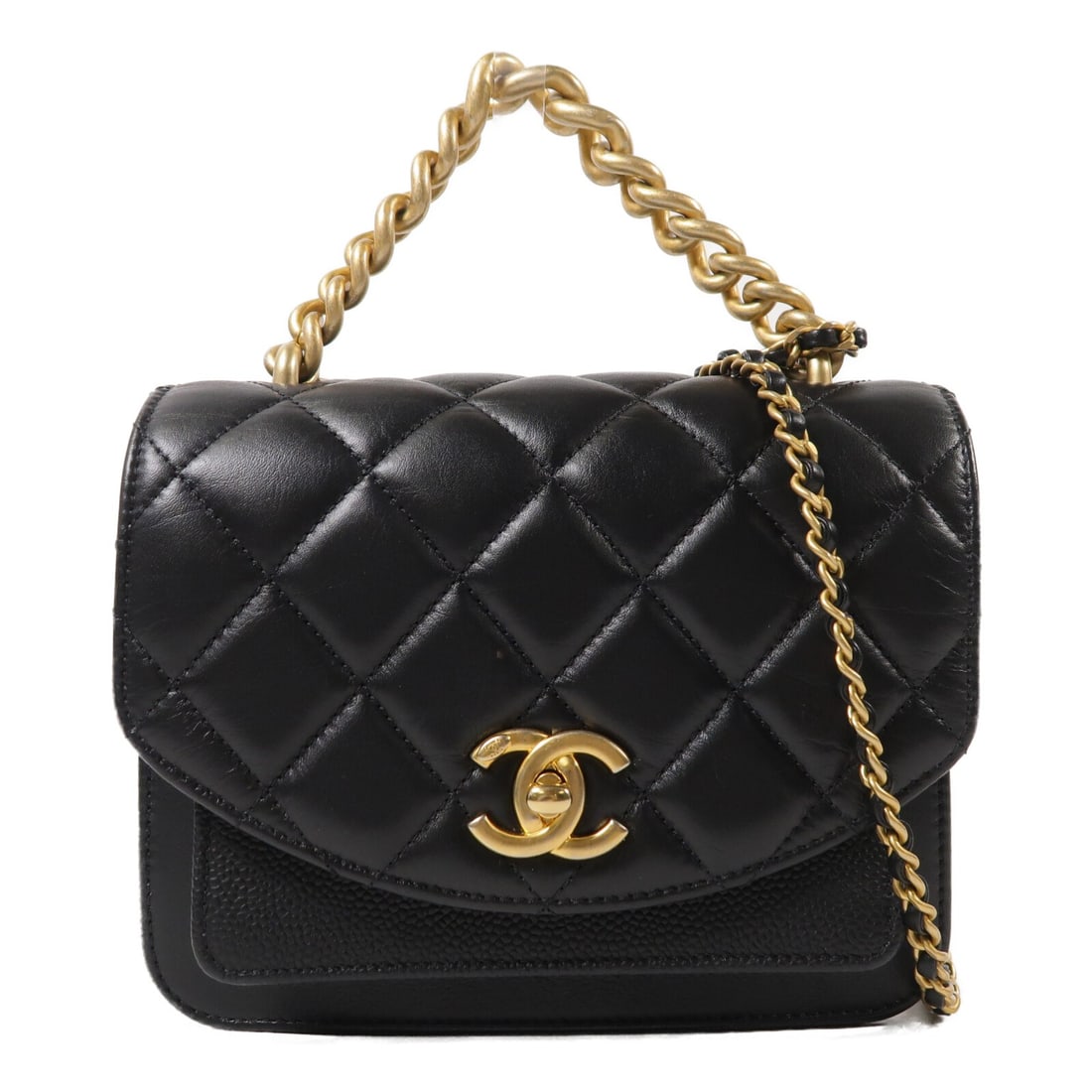 CHANEL AS0784 CC Flap Shoulder Bag Black Calfskin Chain Handle: CHANEL AS0784 CC Flap Shoulder Bag Black Calfskin Chain Handle A CHANEL CC GHW Chain Handle Flap 2 Way Shoulder Bag in black calfskin leather. This bag features a chain handle, turn-lock closure, and 