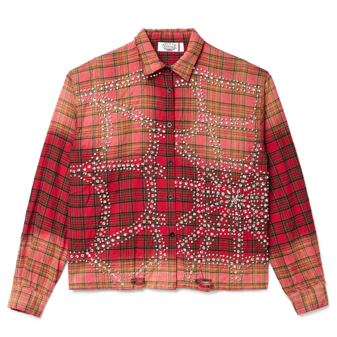 Red Haze Plaid Flannel Shirt with Rhinestone Spider Web Medium: Red Haze Plaid Flannel Shirt with Rhinestone Spider Web Medium The Vale Red Haze Flannel Shirt combines rugged comfort with timeless style. Made from premium brushed cotton, this shirt features a bold