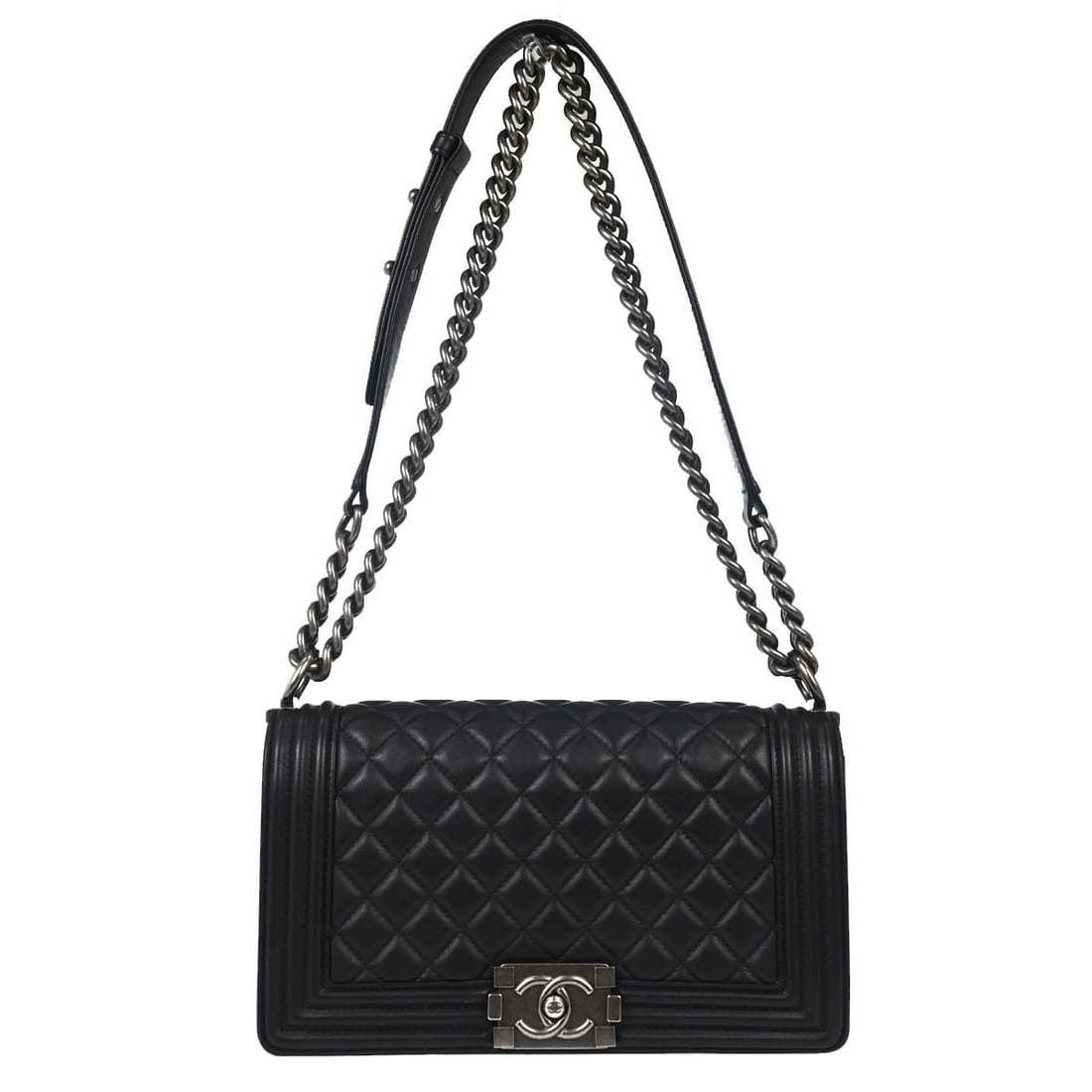 CHANEL Boy Medium Black Lambskin Shoulder Bag Chain Strap: CHANEL Boy Medium Black Lambskin Shoulder Bag Chain Strap Boy Chanel black lambskin medium shoulder bag with a square shape, push lock closure, and silver-tone hardware. It features a shoulder strap, 