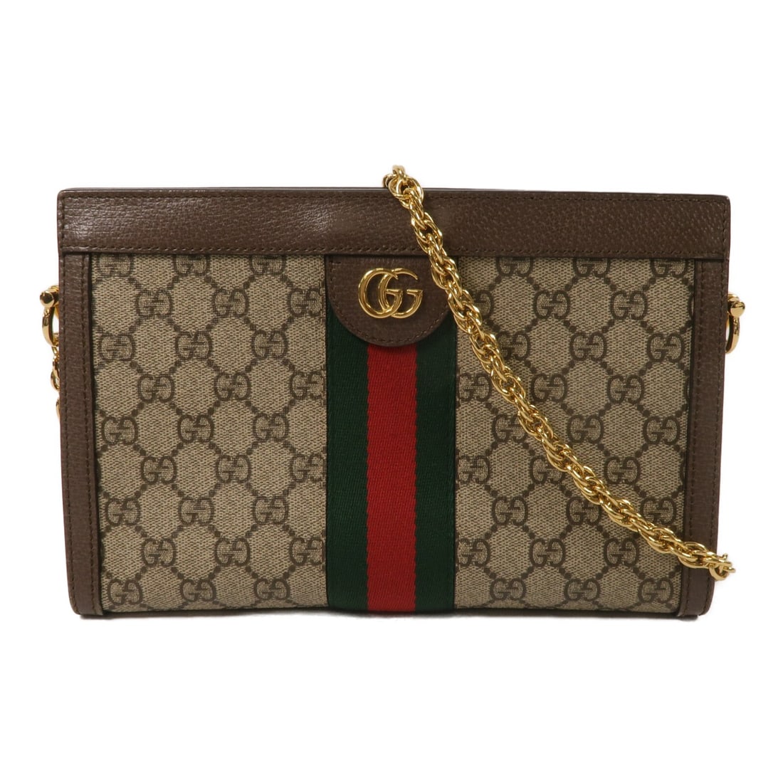 Gucci Ophidia 503877 chain shoulder bag coated canvas brown: Gucci Ophidia 503877 chain shoulder bag coated canvas brown GUCCI GG Ophidia GG Chain Shoulder Bag in brown PVC coated canvas. It features a chain shoulder strap, a magnetic pocket, and one open inter