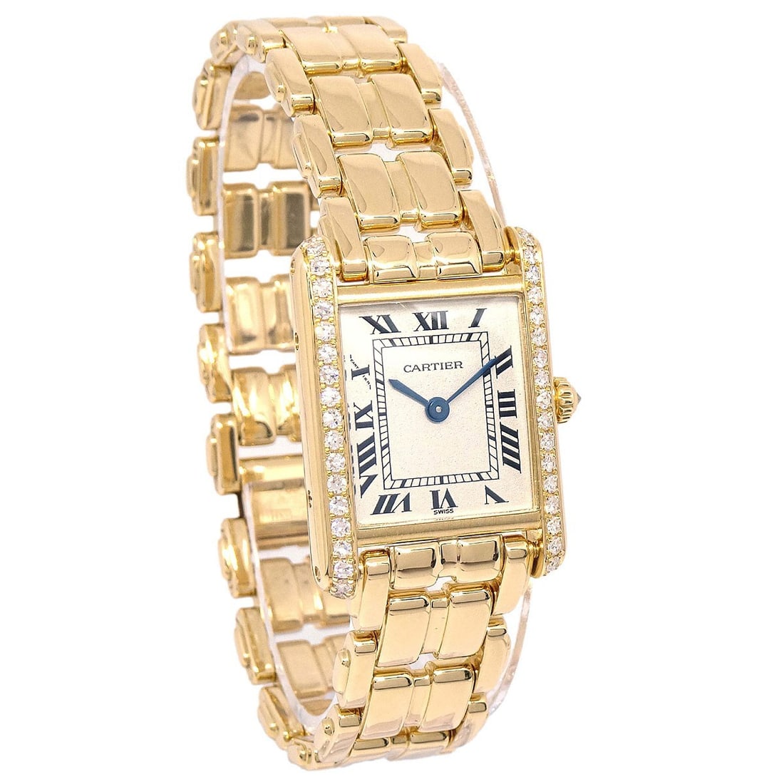 Cartier Tank SM 11512 women's quartz watch 18K yellow gold diamond: Cartier Tank SM 11512 women's quartz watch 18K yellow gold diamond A women's Cartier Tank SM quartz wristwatch with a gold-tone case and band, white dial, and analog display. The watch is made with ye
