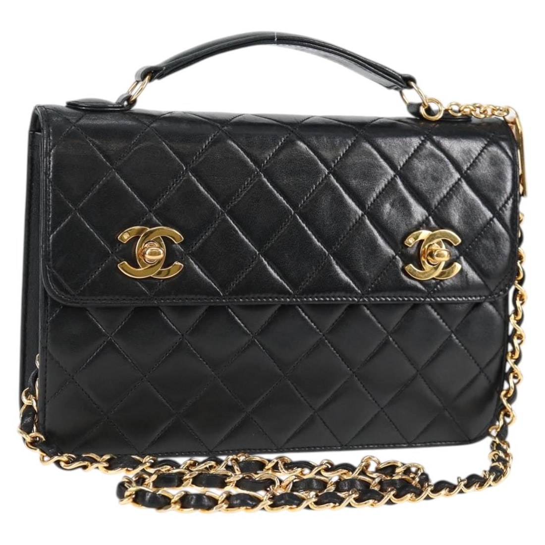 CHANEL CC Lambskin Shoulder Bag Matelasse Double Turn Lock Black Gold (1 of 18)