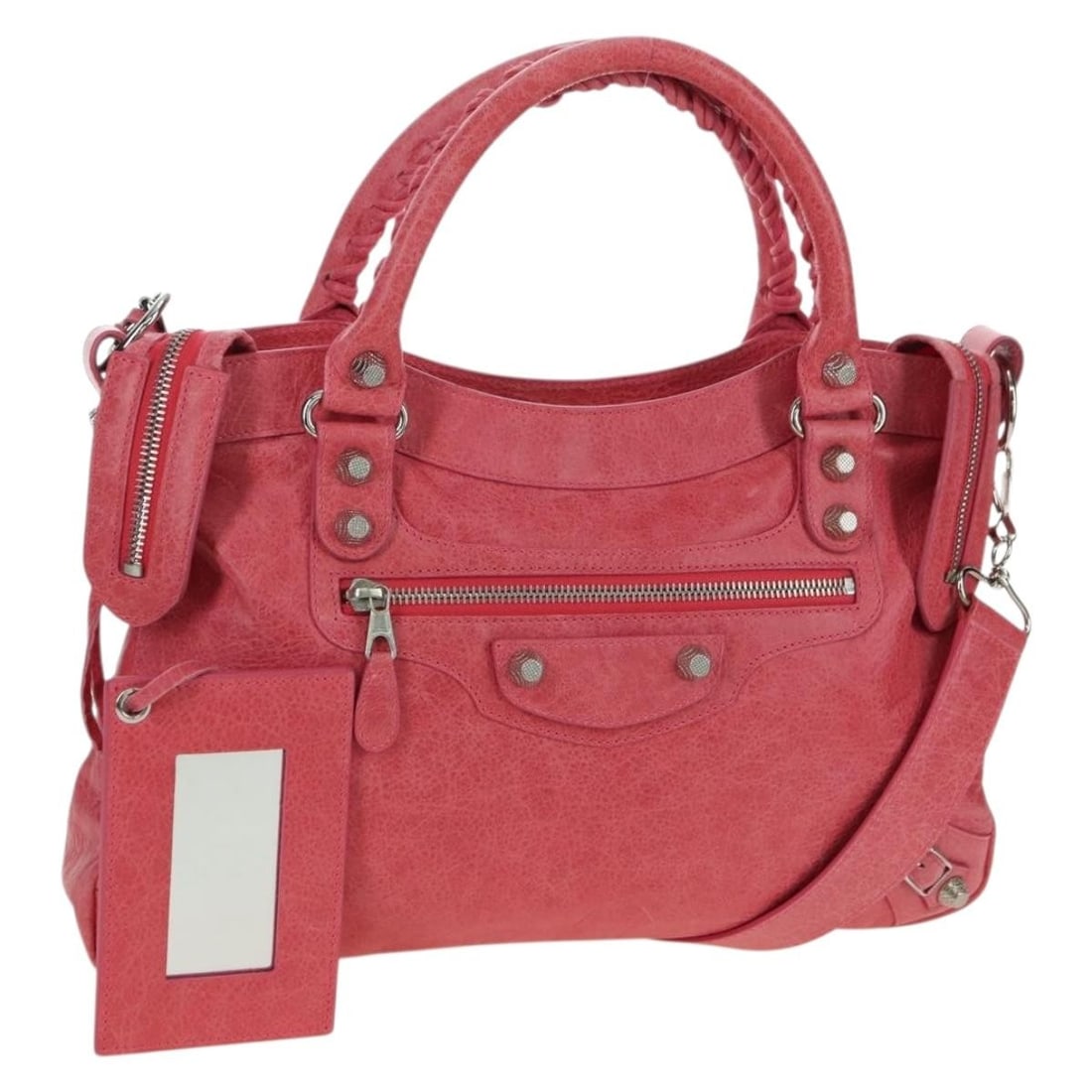 Balenciaga Pink Leather 2way Town Handbag 240578 with Strap Mirror: Balenciaga Pink Leather 2way Town Handbag 240578 with Strap Mirror This Balenciaga Giant Town handbag is crafted from pink leather and features both top handles and a detachable shoulder strap for ver