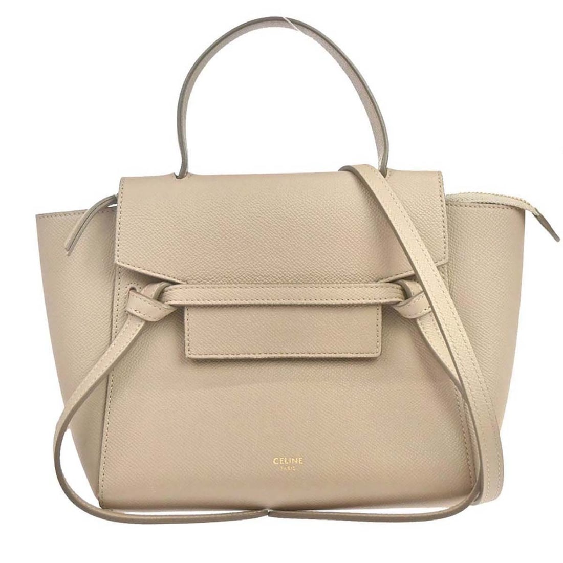 CELINE Belt Bag Nano beige leather 2way top handle handbag: CELINE Belt Bag Nano beige leather 2way top handle handbag Celine Beige Leather Nano Belt Bag is a micro-sized women's handbag in a top handle style, made in Italy. It features beige leather exterior 